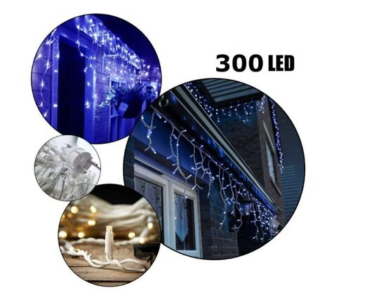 300 LED 15 metrai lempučių lauko girlianda varvekliai su baltu laidu, mėlynos spalvos flash